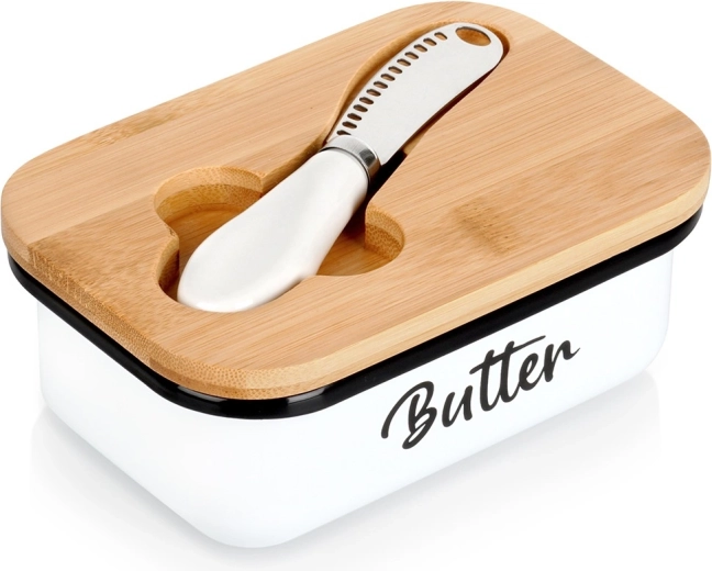 Mantequera de metal esmaltado blanco con tapa de bambú y cuchillo
