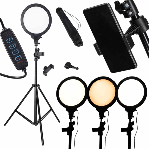 Lámpara LED circular tipo ring en trípode con soporte para teléfono, 3 colores de luz