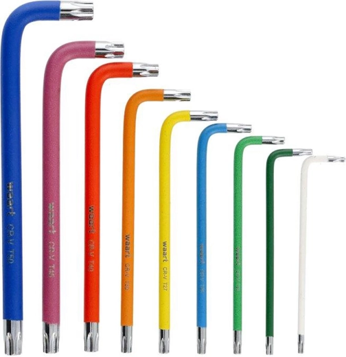 Juego de llaves TORX alargadas codificadas por colores T10–T50 con orificio y punta magnética, 9 piezas