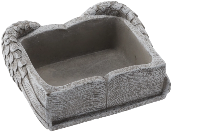 Macetero cementerio de cemento con forma de libro con alas, gris, 22 × 18 × 9,5 cm