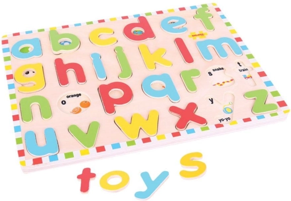 Bigjigs Toys alfabeto inglés en minúsculas con imágenes - tablero educativo de madera