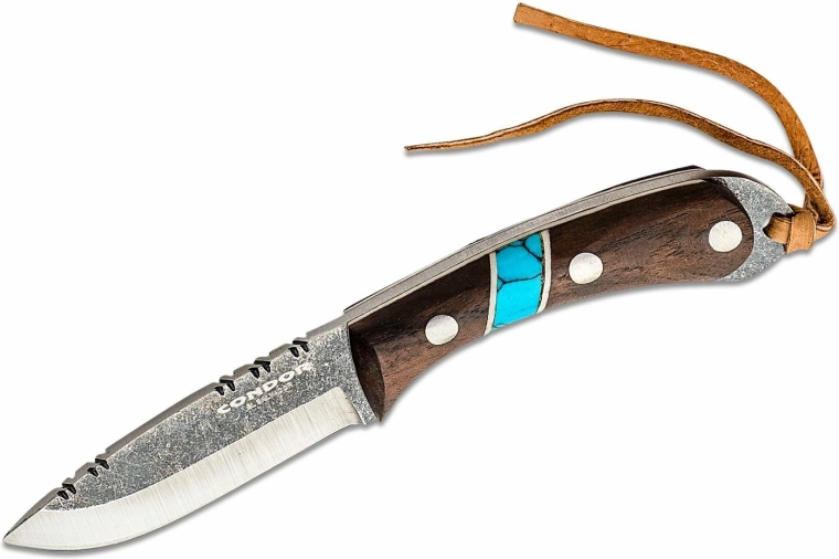 Cuchillo colgante para el cuello CONDOR Blue River 5,9 cm, madera de nogal, turquesa, funda de cuero