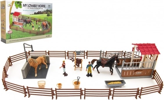 Recinto para caballos con valla, cuidador y 2 caballos: set de plástico con accesorios