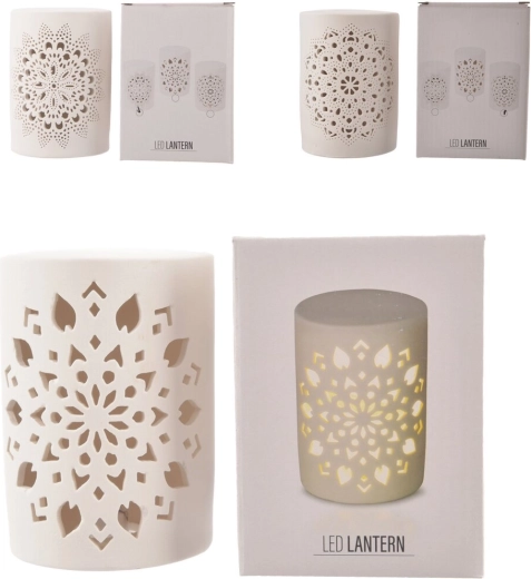 Portavelas LED de porcelana con motivo de mandala blanco