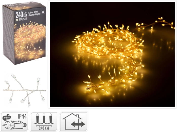 Cadena LED navideña 2,4 m, 240 luces, blanco cálido, cable plateado