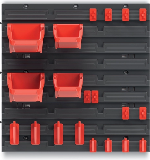 Panel colgante para herramientas con 4 cajas y ganchos Bineer