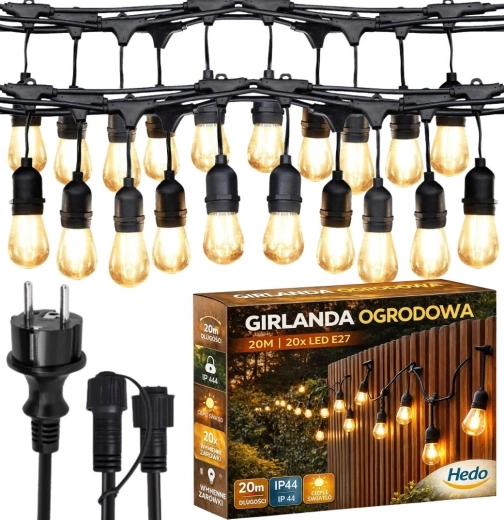 Guirnalda luminosa exterior de 20 m con 20 bombillas LED E27 reemplazables, blanco cálido, IP44