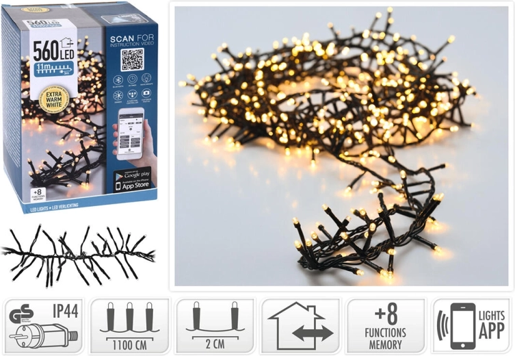 Guirnalda LED navideña 11 m, 560 luces, blanco cálido, control mediante aplicación, 8 modos