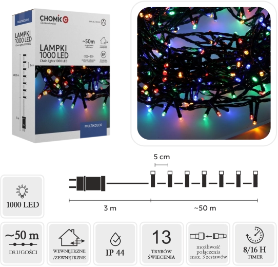 Cadena de luces navideñas LED 1000 diodos multicolor 50 m, interior/exterior - 1 unidad