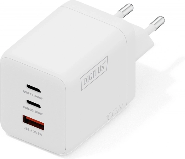 Cargador de pared USB GaN de 100 W, 2× USB‑C y 1× USB‑A, blanco