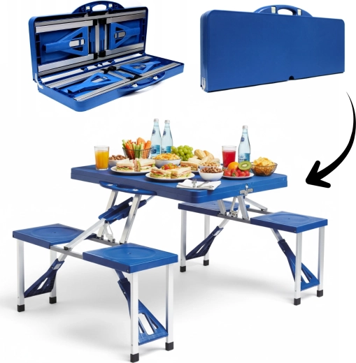 Mesa de picnic plegable con cuatro asientos y orificio para sombrilla