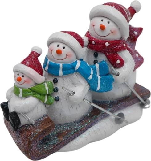 Decoración: familia de muñecos de nieve en trineo