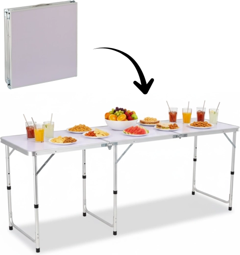 Mesa turística plegable 180 × 60 cm, regulable en altura