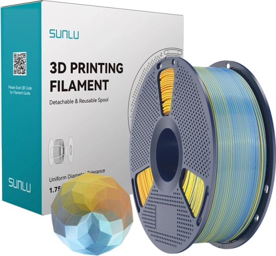 Sunlu PLA+ Silk filamento de cuatro colores azul–morado–naranja–amarillo