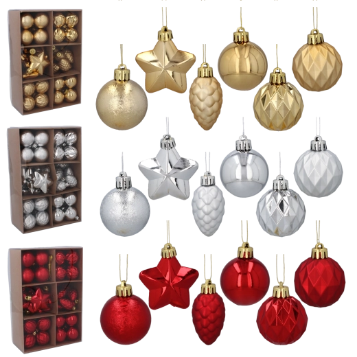 Juego de adornos navideños 47 uds. en rojo, dorado y plateado (4–6 cm)