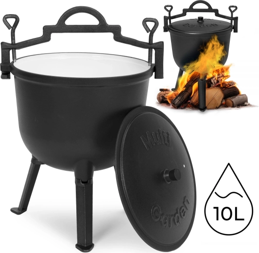 Caldero de hierro fundido esmaltado 10 l para fuego con tapa y soporte MULTIGARDEN