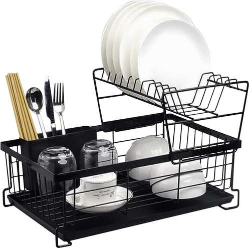 Escurreplatos de dos niveles RUHHY con bandeja y compartimento para cubiertos, negro
