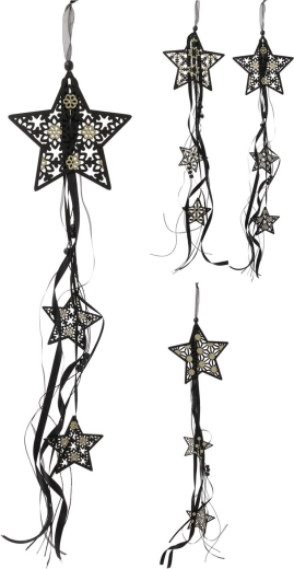 Estrella colgante de madera con cintas de 16 cm – decoración negro‑dorado
