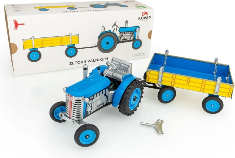 Tractor Zetor con remolque de plataforma de cuerda metálico 28 cm KOVAP – Azul