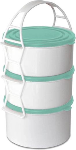 Portacomidas de plástico TORO de 3 niveles 2×1,3 l + 1,7 l, mix de colores de las tapas