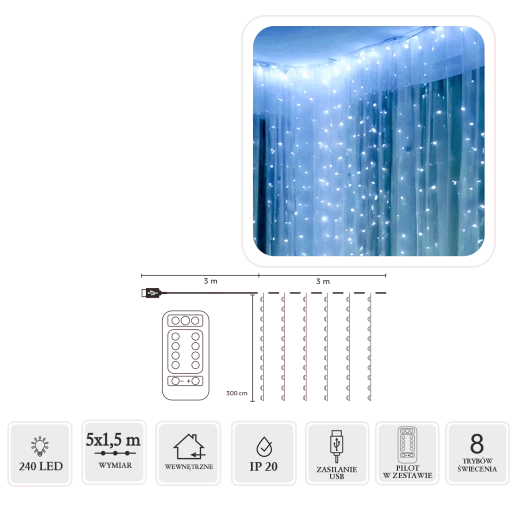 Cortina colgante LED luminosa 240 LED blanco frío 5 × 1,5 m con USB y control remoto