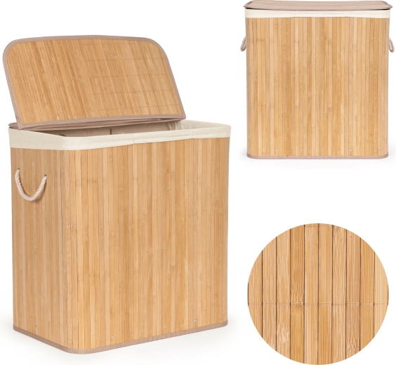 Cesto de ropa de bambú ModernHome 150 l con 3 compartimentos y tapa