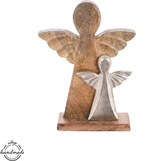 Ángel de madera de mango con detalle metálico 32,5 cm
