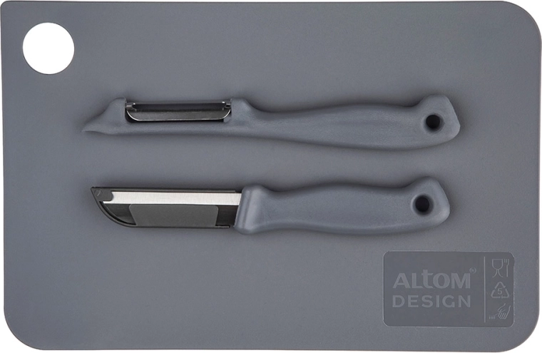 Tabla de cortar gris con pelador y cuchillo 24 × 16 cm