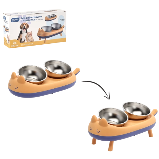 Soporte doble elevado con cuencos de acero inoxidable para perros y gatos 41 × 20,5 × 15 cm