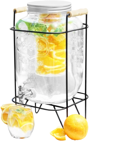Dispensador de bebidas de vidrio de 8 l con tapa metálica, grifo y cesta para fruta o hielo