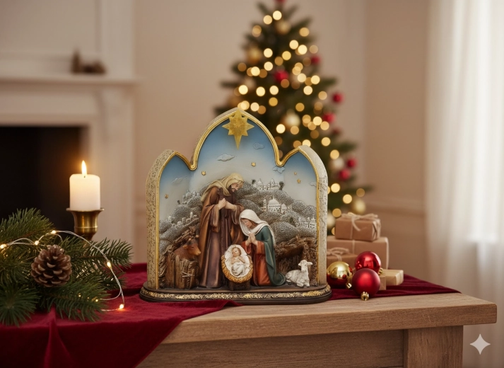 Figura de belén navideño con la Sagrada Familia y estrella LED 21 × 10 × 21 cm