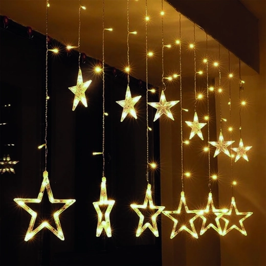 Cortina navideña LED Solight con estrellas de 1,8 m, 77 LED, luz blanca cálida, IP20, pilas/USB