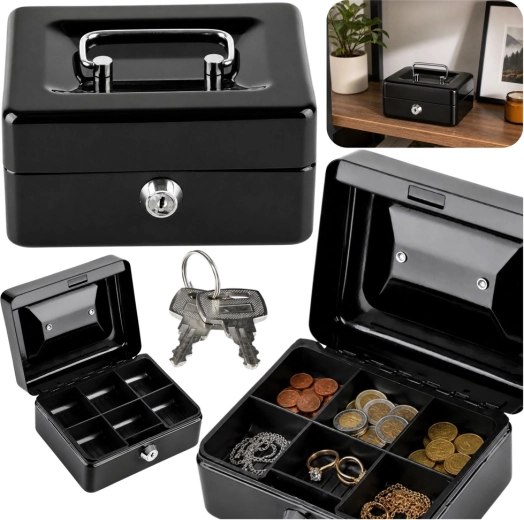Caja metálica negra para dinero con cerradura 13 × 10 cm
