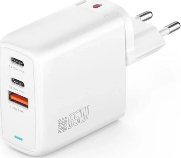 Cargador de red GaN Flex 65W, 2× USB‑C + 1× USB‑A, blanco