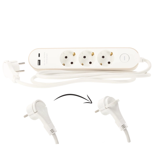 Regleta alargadora con protección contra sobretensiones y interruptor, 3 tomas Schuko y 2 USB (USB-A + USB-C), 1,5 m, blanca