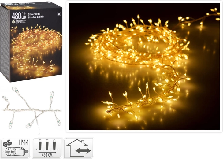 Cadena luminosa LED navideña 4,8 m, 480 diodos, blanco cálido, cable plateado