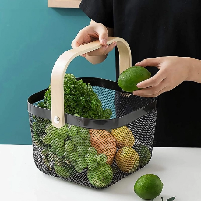 Cesta para fruta con asa de madera – cesta de alambre metálico negro
