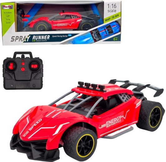 Coche de carreras RC deportivo rojo con efecto de humo