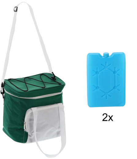 Bolsa térmica 14 l verde‑blanca con dos acumuladores de frío
