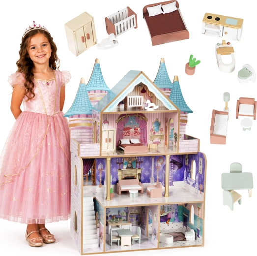 Casa de muñecas de madera Ecotoys Bella – castillo de princesas con 4 plantas