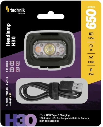 Technik MT-H30 linterna frontal con USB‑C, 650 lm, LED blanca y roja