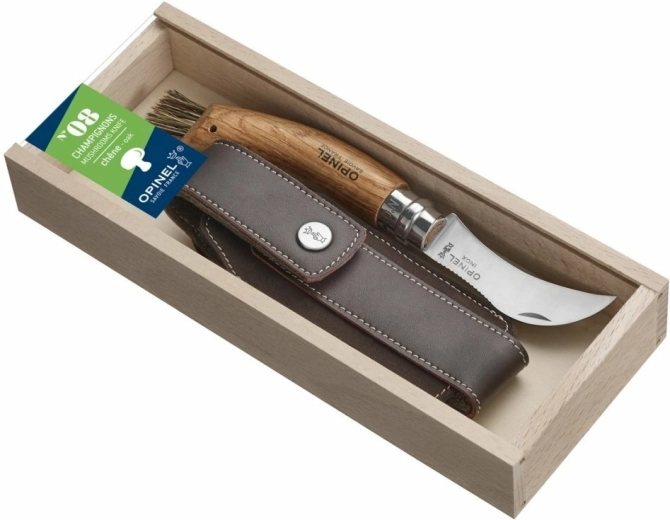 Opinel N°08 Inox cuchillo de bolsillo para setas, roble, funda de cuero, caja de regalo