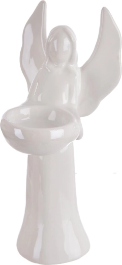 Ángel decorativo de cerámica portavelas en nácar blanco 20 cm