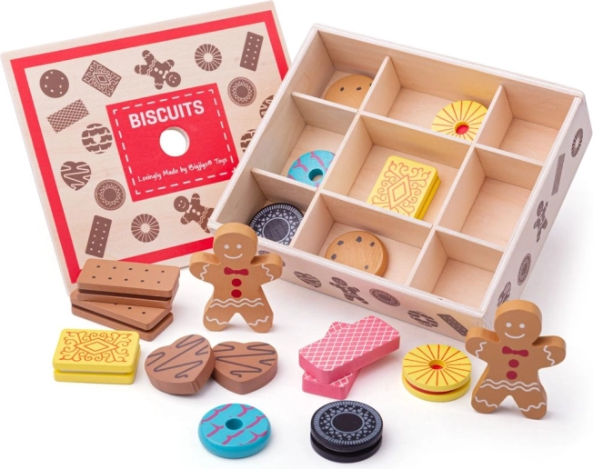 Caja de madera con galletas de juguete