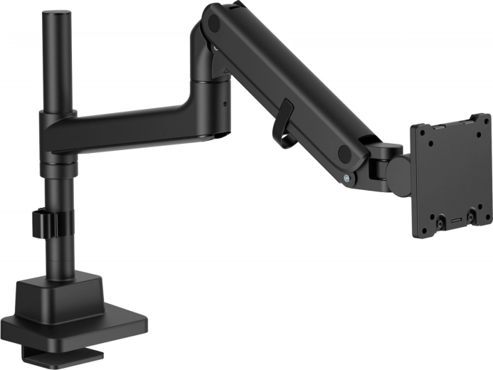 Soporte de monitor de un solo brazo con abrazadera de escritorio y resorte de gas, hasta 57" / 27 kg, VESA 75x75 y 100x100, negro