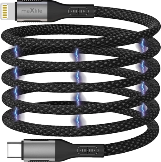 Cable magnético Maxlife USB-C – Lightning 1 m 27 W, trenzado de nylon, negro