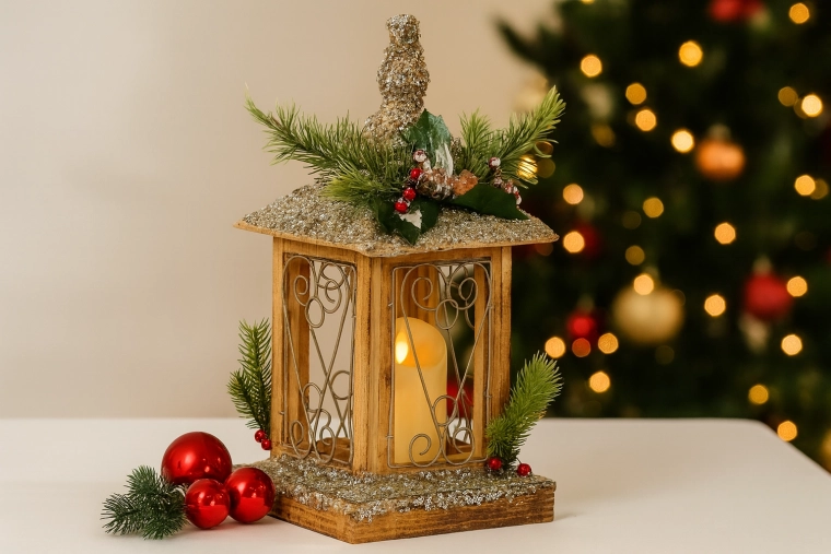 Linterna navideña de madera con LED y vela, 18 × 18 × 38 cm