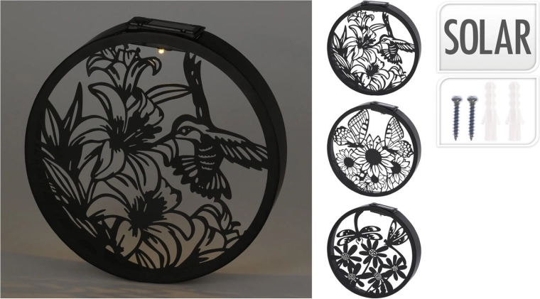 Decoración LED solar de pared, círculo de metal negro/dorado 25 cm