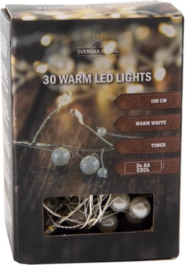 Guirnalda luminosa con temporizador, 30 perlas LED, 100 cm, blanco cálido