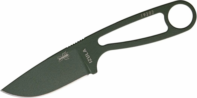 ESEE Izula OD – pequeño cuchillo de supervivencia de acero al carbono con acabado verde y funda
